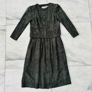 VTG Karin Stevens Dress Olive Green Overlay Embroidered Renaissance Romance 4